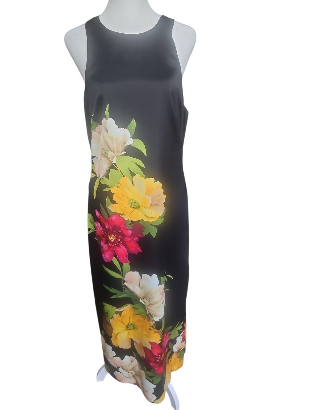 Adrianna Papell NWT Black Floral Print Satin Midi Dress Size:12 - Picture 2 of 6